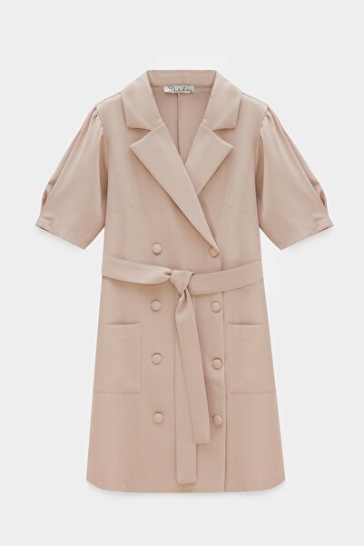 Saade Stone Three-Quarter Sleeve Pocket Detailed Double Breasted Closure Belted Dress