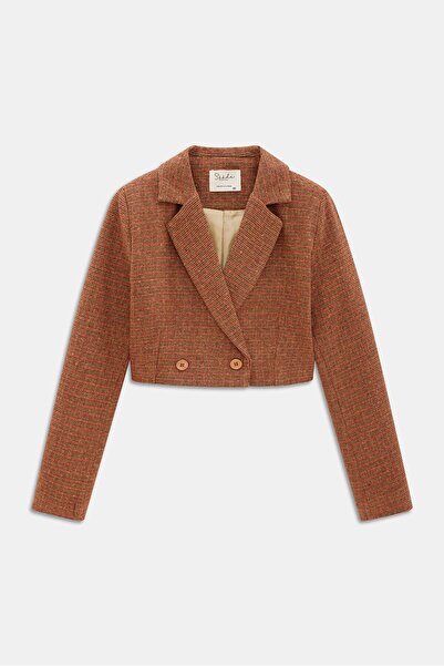 Saade Brown Double Breasted Closure Woven Crop Blazer Jacket