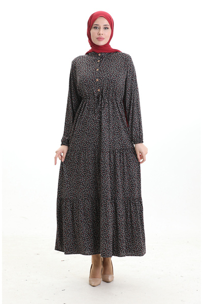 sefamerve Hakim Yaka Çiçek Desenli Elbise 0197-02 Siyah Kırmızı