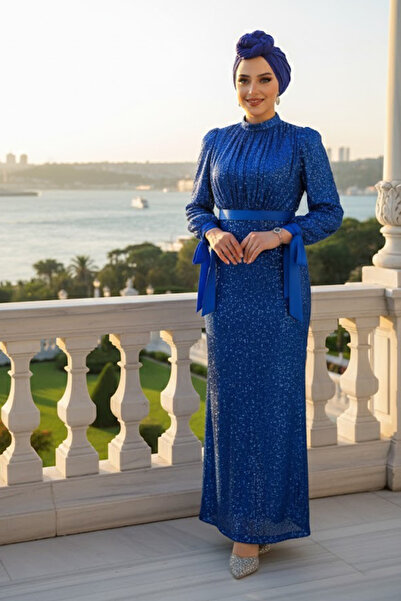 Neva Style Sequined Indigo Blue Hijab Evening Dress 4667ım