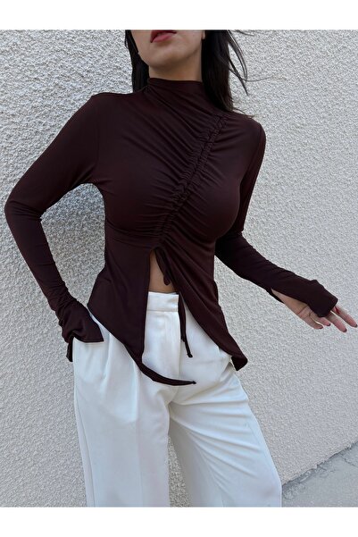 minaaise Women's Brown Front Gathered Slim Fit Bodysuit 28284