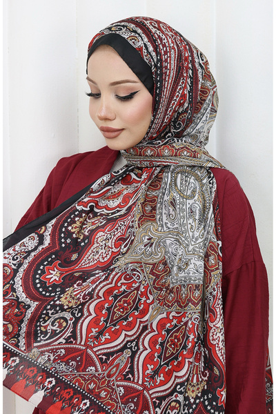 sefamerve Etnik Desen Janjan Şal 70304-05 Siyah Bordo