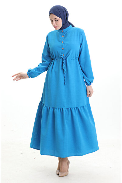 sefamerve Beli Lace-Up Half Button Dress 0182-03 Turquoise