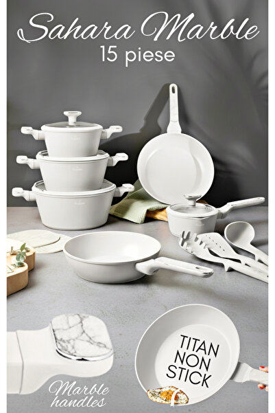 Berlinger Haus Σετ μαγειρικών σκευών τιτανίου με αντικολλητικά τηγάνια 15 τεμαχίων για όλες τις εστίες Sahara Marble Collection