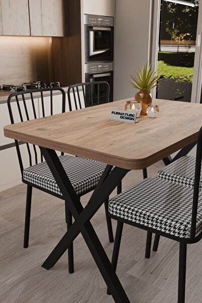 FurnatureDesign Yemek Masası Takımı X Ayaklı Çift Kalınlık Yemek Masası 70x110 + 4 Adet Sandalye - Atlantik Çam