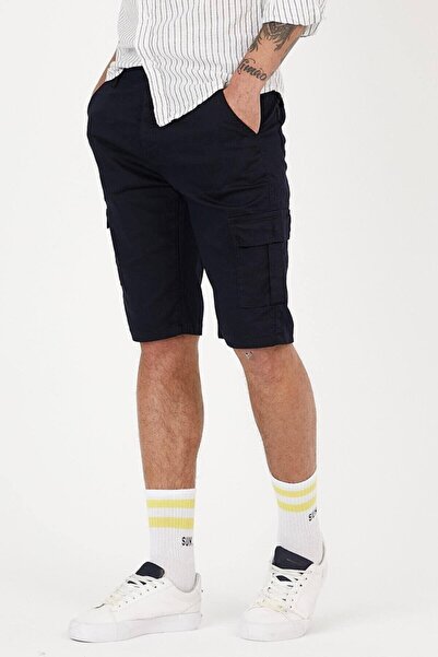 Serseri Men's Navy Blue Cargo Side Pocket Stretchy Fabric Slim Fit Capri Shorts