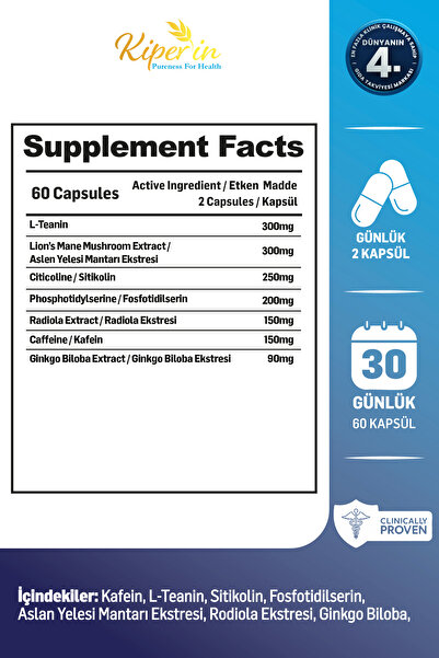 Kiperin Mind Focus Aslan Yelesi Mantarı, Sitikolin, Rhodiola, L-Theanin .. (1440mg) | Akıllı Gıda Takviyesi