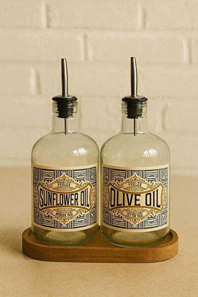 Frolde Home Ahşap Stantlı 2'li ÇelikTıpalı 750Ml Cam Ayçiçek Yağı Zeytinyağı Şişesi Yağdanlık Vintage Retro
