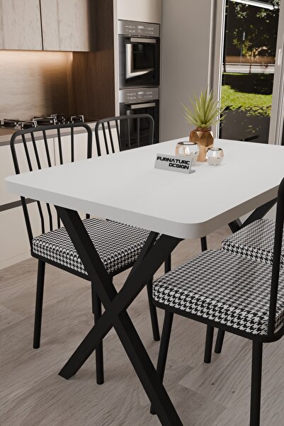 FurnatureDesign Yemek Masası Takımı X Ayaklı Çift Kalınlık Yemek Masası 70x110 + 4 Adet Sandalye - Beyaz