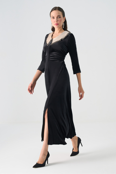 Dizayn Ella Drapeli Kadife Görünümlü Midi Elbise EL-4443