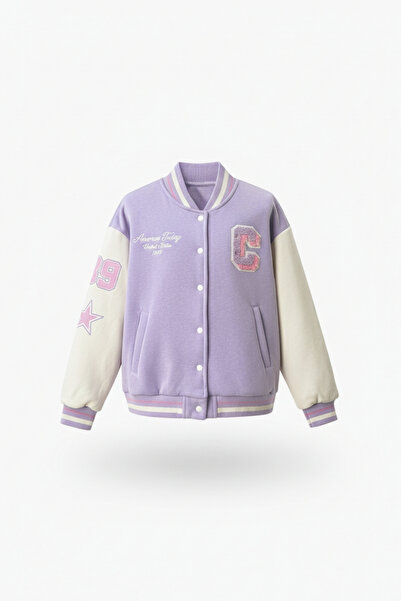 Minipodyum Κοριτσίστικο κεντημένο κουμπωτό μπουφάν Bomber College με κλείσιμο μπροστά