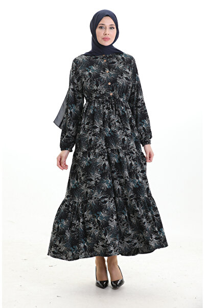 sefamerve Φόρεμα με σχέδιο και κουμπιά γιακά παππού 0193-02 Μαύρο πετρόλ