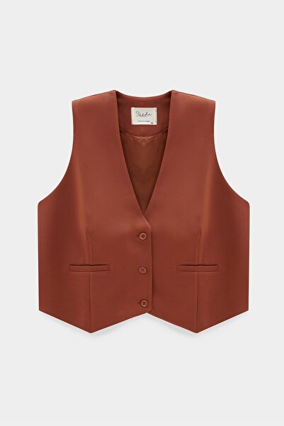 Saade Brown Pocket Detailed 3 Button Closure Lined Vest