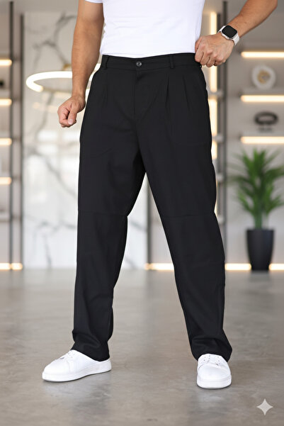 Mamlay Baggy Çift Pileli SİYAH Renk Beli Lastikli Kaliteli Rahat Kesim Klasik Bol Paça Baggy Pantolon