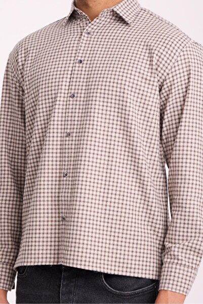 Valiberta Jonas Ekose Küçük Kareli Relaxed Fit %100 Pamuklu Flanel Kumaş Erkek Gömlek - Bej