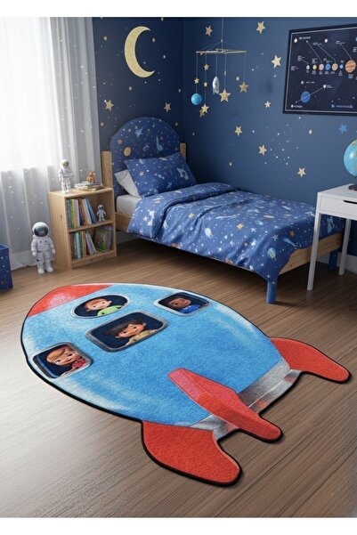 Luna Bianca Roket Desenli Halı | Kaymaz Taban Süngerli Dikişli Yıkanabilir Be...