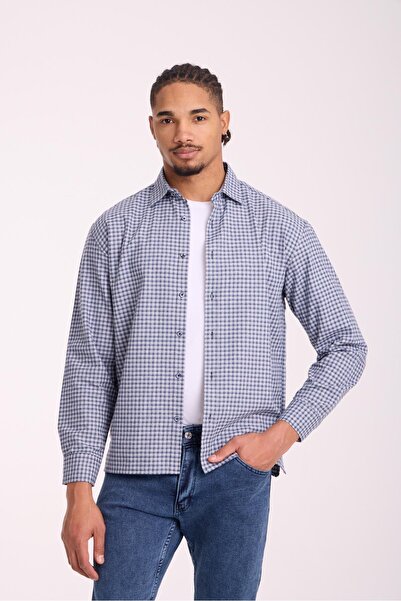 Valiberta Jonas Ekose Küçük Kareli Relaxed Fit %100 Pamuklu Flanel Kumaş Erkek Gömlek - Taş