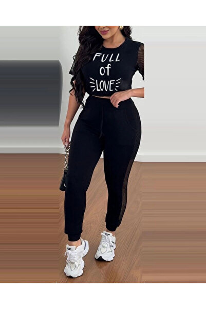 ARONA Women's Short Sleeve Crew Neck Mesh Detailed Viscose Two Thread Crop Top and Sweatpants Double Set