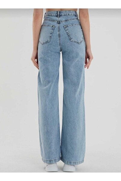 Livik Τζιν Palazzo 90's με Καρ Υφάσμα, Μπλε Χρώμα, Σούπερ Ψηλόμεσο και Φαρδιά Μπατζάκια.