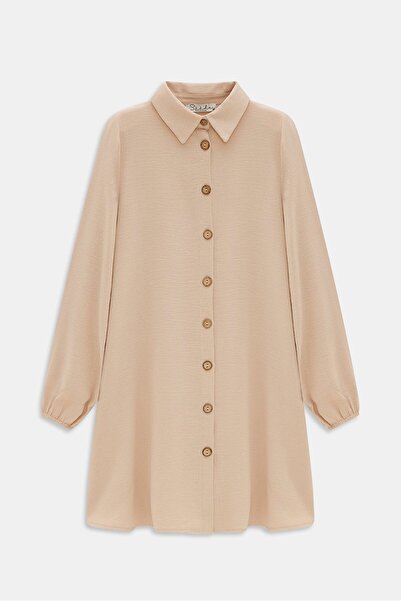 Saade Beige Women's Shirt Collar Wooden Buttoned Collage Elastic Aerobin Woven Tunic - Regular Fit