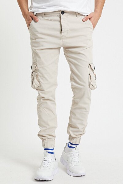 Serseri Erkek Paça Lastikli Ekru Kargo Cepli Pantolon