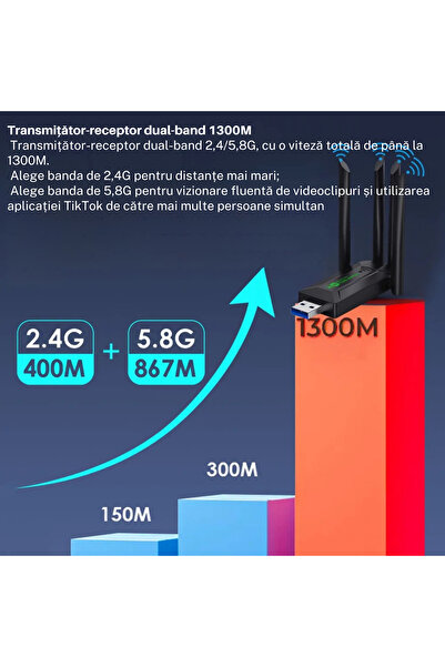 varioshop Dual-Band Wi-Fi Adapter 1300 Mbps USB 3.0, 4 Antennas, Black