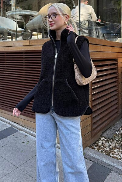 Madmext Black Mock Neck Women's Plush Vest Mg2578