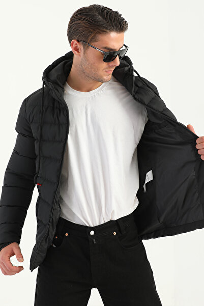 D1fference Ανδρικό χειμερινό αθλητικό παλτό με μαύρη χοντρή επένδυση με αντιανεμική κουκούλα