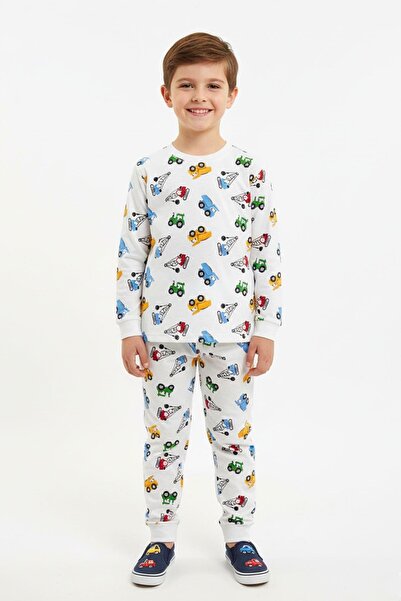 NEWKİDS Tractor Patterned White Boys Cotton Transitional Pajama Set