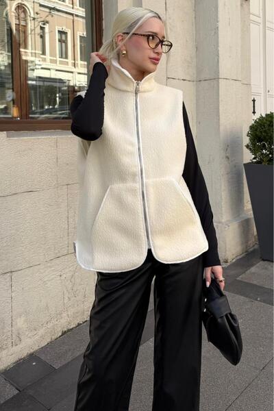 Madmext Ecru Mock Neck Women's Plush Vest Mg2578