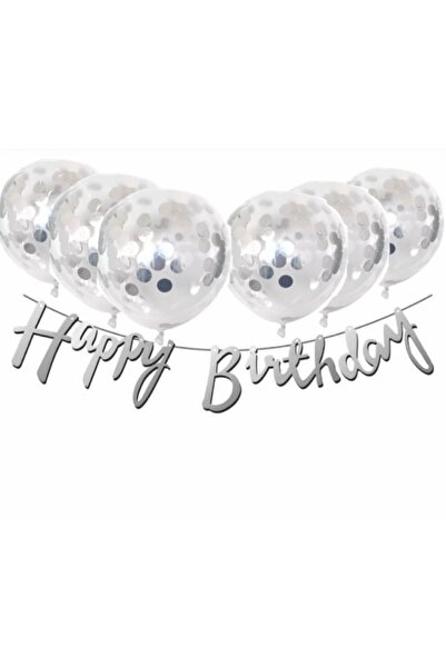 Deniz Party Store Gümüş Konfetili Şeffaf Balon Gümüş Happy Bırthday Kaligrafi Yazı