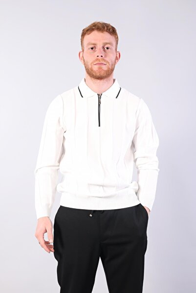 Mckanzie 3005 Collar Zippered Striped Shirt Collar Sweater