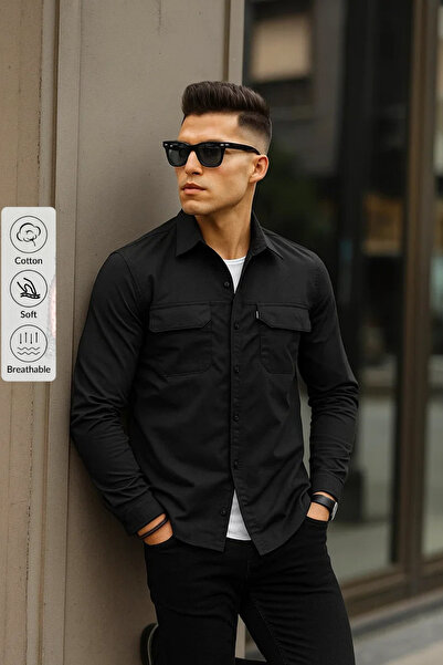 Serseri Erkek çift cep siyah taktik kumaş paraşüt gömlek