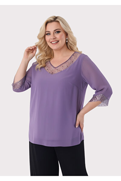 LİLAS XXL Büyük Beden Lila Renkli Şifon V Yaka Abiye Bluz