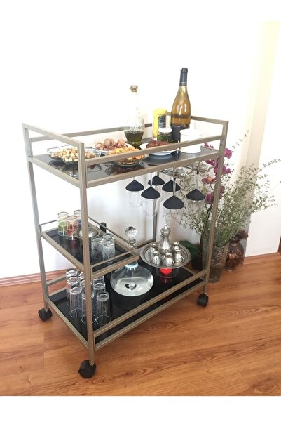 Elips Lüks Servis Arabası & Bar & Dressuar ( Gold parıltılı - Siyah Cam)