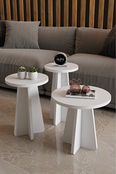 alpaevmobilya Mantar 3'lü Yuvarlak Zigon Sehpa, Salon Sehpa Takımı, İskandinav Stil, Yan-Orta Sehpa