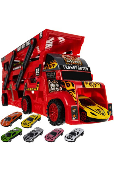 varioshop Transport Truck with 6 Cars, Launcher, 3-Level Foldable Trailer (Red/Black)