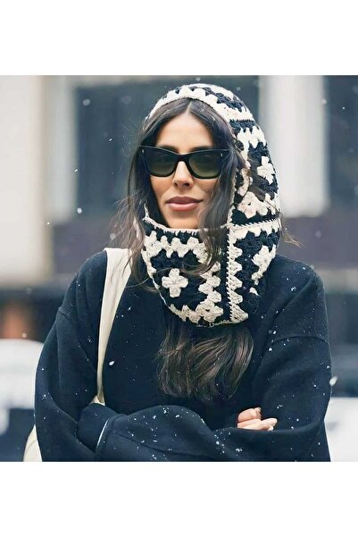 Nympha Knitted Balaklava, Motifed Two Color Scarf Beanie, Balaclava