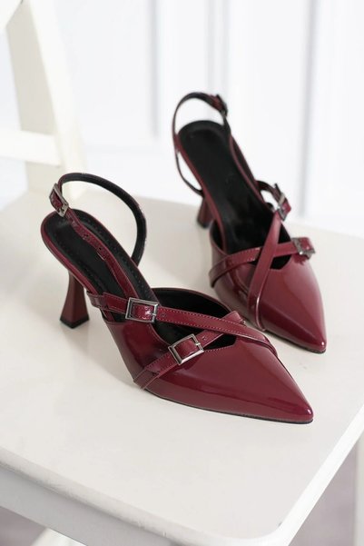 Kumsal Shoes Biyana Double Banded Buckle Detailed Burgundy Patent Leather Women's Heeled Shoes Nope