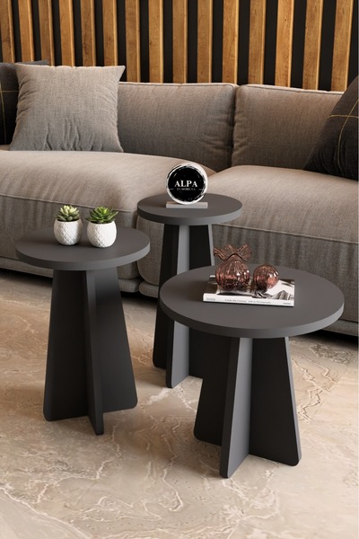 alpaevmobilya Mantar Sehpa 3Lü Zigon Sehpa Mantar Zigon Salon Sehpa Seti Iskandinav Stil