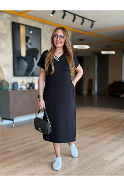 Asil Acar Home Rochie de damă cu mânecă scurtă, cu guler cu nervuri în V, cu fantă, midi, din viscoză, cu două fire