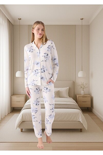 Pierre Cardin Floral Pattern Shirt Collar Buttoned Viscose Pajama Set Thlv3R88Pc