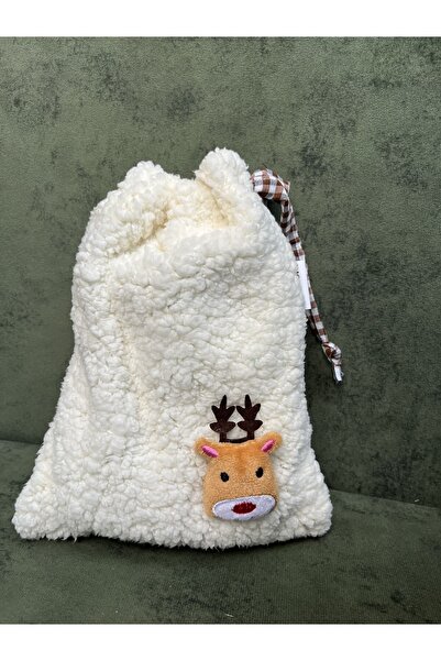 Sumicorn Design Peluş Yılbaşı Geyik Pötikareli Astarlı Büzgülü İpli Düzenleyici Kese Makyaj Çantası Hediyelik