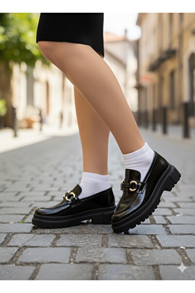 diya shoes Barbare Kadın Siyah Rugan Kalın Taban Tokalı Loafer Ayakkabı
