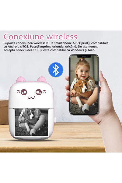 varioshop Σετ Mini Imprimanta Termica si 10 Role VarioShop®, Bluetooth, Συμβατό iOS/Android, Roz