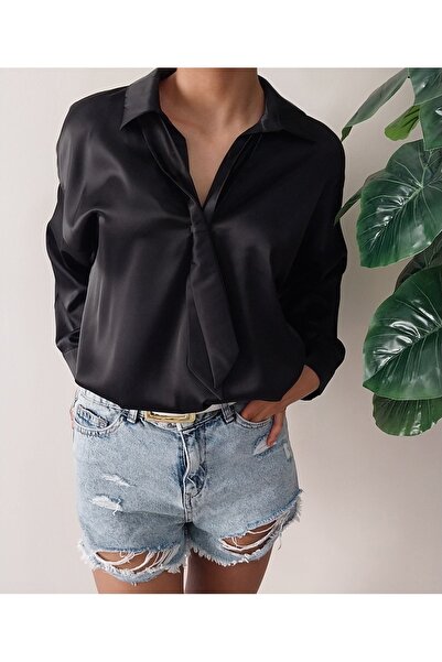 Dagü Design قميص نسائي من الساتان الأسود مع وشاح