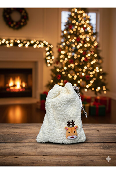 Sumicorn Design Peluş Yılbaşı Geyik Pötikareli Astarlı Büzgülü İpli Düzenleyici Kese Makyaj Çantası Hediyelik