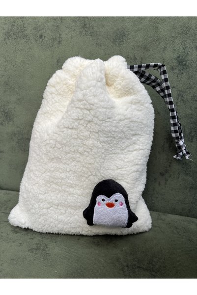 Sumicorn Design Sevimli Penguen Peluş Pötikareli Astarlı Büzgülü I?pli Düzenleyici Kese Makyaj Çantası