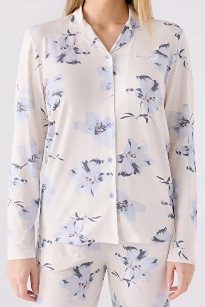 Pierre Cardin Floral Pattern Shirt Collar Buttoned Viscose Pajama Set Thlv3R88Pc