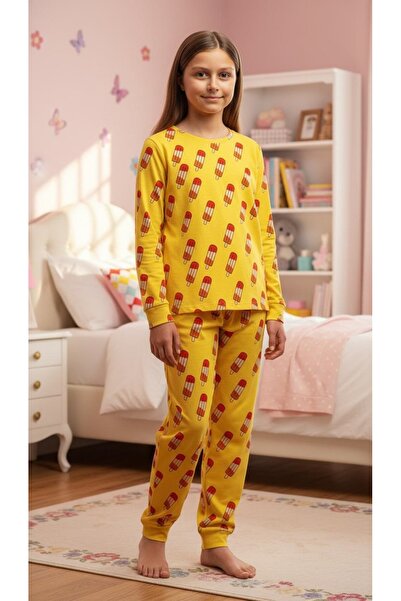 Milk & Muffin Sarı Zeminli DONDURMA Desenli Organik Pijama Takımı